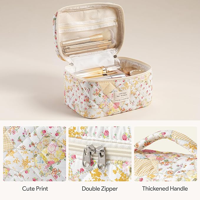 HBselect Quilted Makeup Bag, 3PCS Cotton Large Travel Makeup Bag, Cute Floral Coquette Make up Bag Cosmetic Bag Toiletry Bag for Women Girls