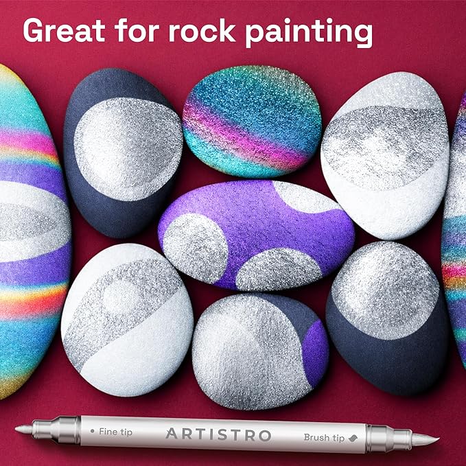 ARTISTRO 5 Silver Acrylic Paint Markers - Paint Pens for Drawing, Brush + Fine Tips - For Fabric, Rock, Glass, Wood, DIY - Art & Craft Supplies for Adults, Teens, Kids - Teacher Appreciation Gift