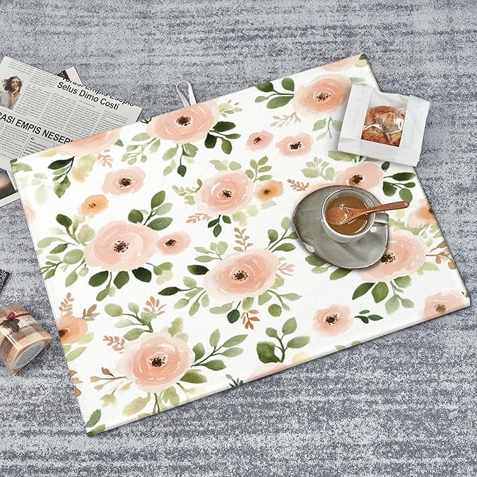 Watercolor Floral Dish Drying Mat for Kitchen Counter Microfiber Super Absorbent Non-Slip Dish Drying Pad for Countertops Dishes Utensils Stylish Quick-Dry Machine Washable 18x24 Inch