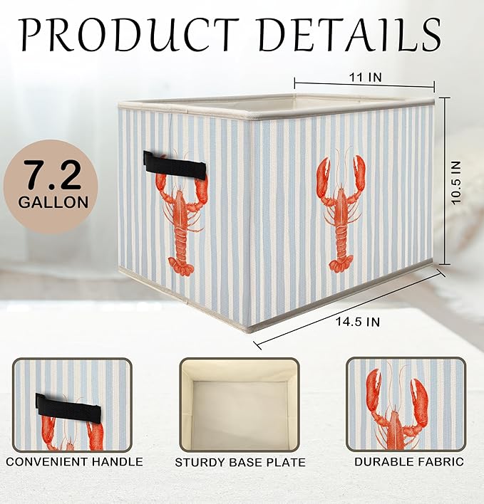 Blue Coastal Beach Lobster Storage Bins Box with Handles, Blue Striped Ocean Lobster Collapsible Fabric Storage Basket Box Organizer for Bedroom Bathroom Clothes Toys Books