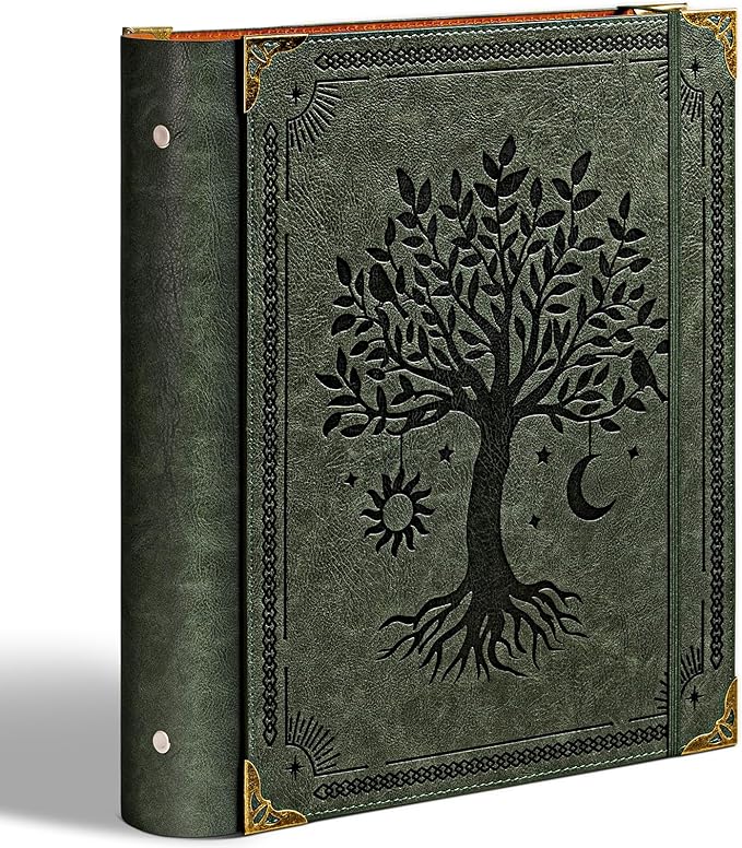 Ovesmusl PU Leather 3 Ring Binder Fits 8.5"x11" Letter Size Paper, 2 Inch Round Ring Binder Holds 500 Sheets, Notepad Paper Cover Loose Leaf Organizer, Green Tree