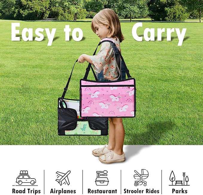 2PCS Kids Travel Tray, Car Seat Tray for kids Travel, Toddler Road Trip Essentials With Drawing Kit, Toddler Lap Desk Organizer for Car, Carseat Table for Airplane