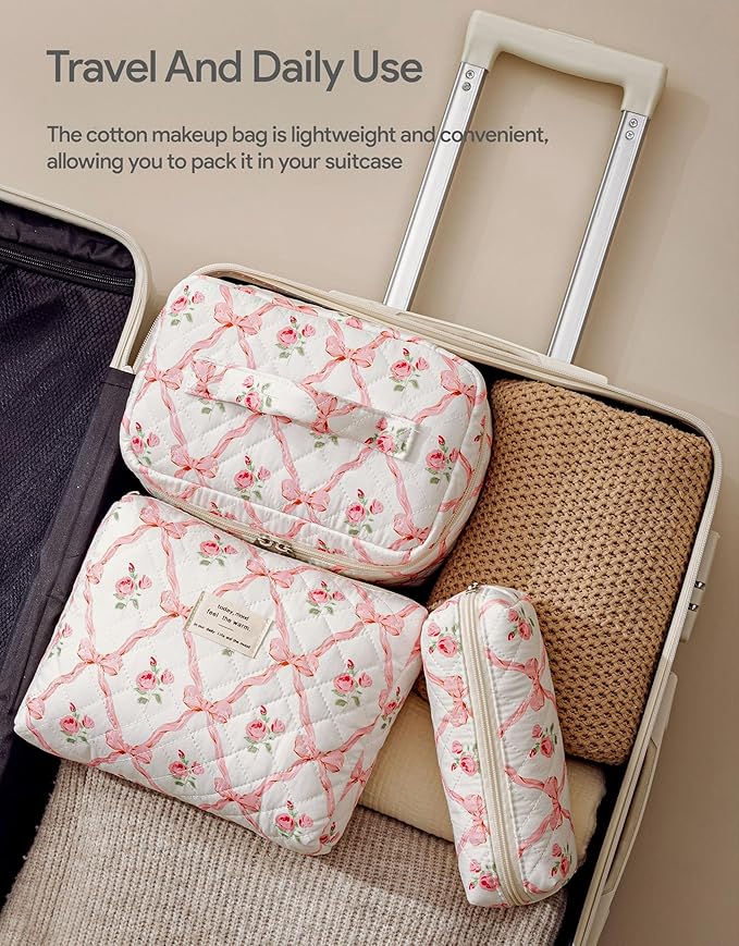 HBselect Quilted Makeup Bag, 3PCS Cotton Large Travel Makeup Bag, Cute Floral Coquette Make up Bag Cosmetic Bag Toiletry Bag for Women Girls