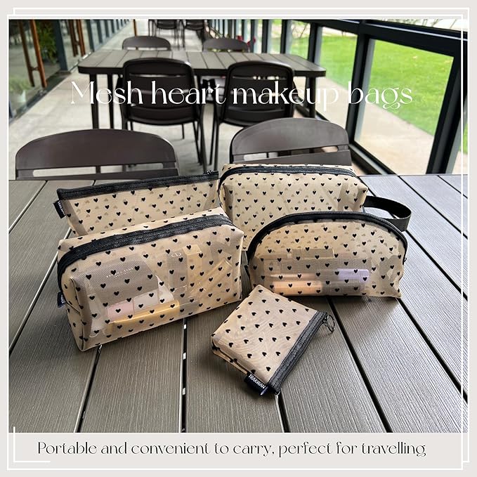 5 Pieces Mesh Heart Makeup Bags Sets, Zipper Mesh Cosmetic Bag Toiletry Bag, Travel Makeup Bags for Women, Small Items Storage Organizer Bags for Home Office Travel (Beige)