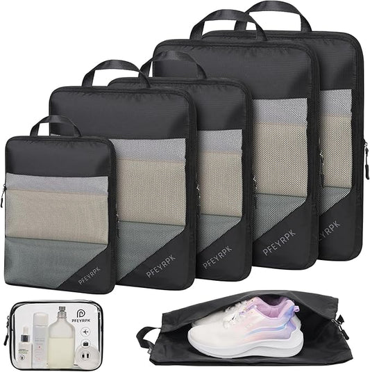 PFEYRPK Lightweight Compression Packing Cubes for Suitcases, Compressible Expandable Travel Packing Organizer with Clear Toiletries and Backpack Bag, Travel Essentials for Carry on Luggage 7 Set