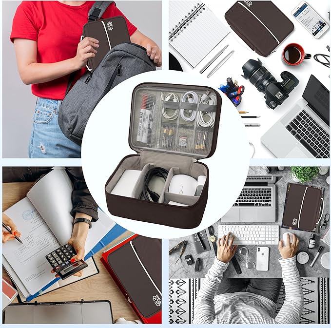 Electronics Organizer, Travel Cord Organizer Pouch, Portable Cable Organizer Bags, Waterproof Electronic Accessories Storage Case for Cables, Cords, Charger, Phone (Double Layer-Brown)