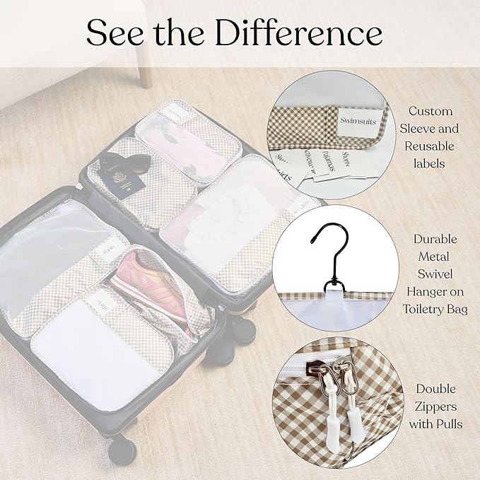 9 Set Packing Cubes - Suitcase Organizer, Cute Packing Cubes, Travel Bags Organizer for Luggage with Hanging Toiletry and Shoe Bag, Travel Essentials for Women, Men and Kids -Gingham