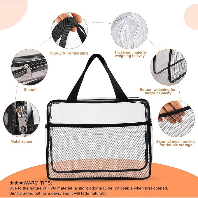 XEWEA Large Small Clear Travel Toiletry Bags with Handles & Pocket for Men Women, 3PCS TSA Approved Transparent Makeup Bag,Waterproof PVC Quart Organizer with Zipper for Toiletries Airline Essentials
