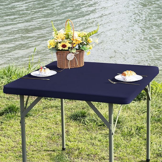 Square Fitted Table Cover Elastic Tablecloth Stretch Spandex Table Top Cover Table Topper Cap for Dining Kitchen Home Party Navy 24X24 Inch