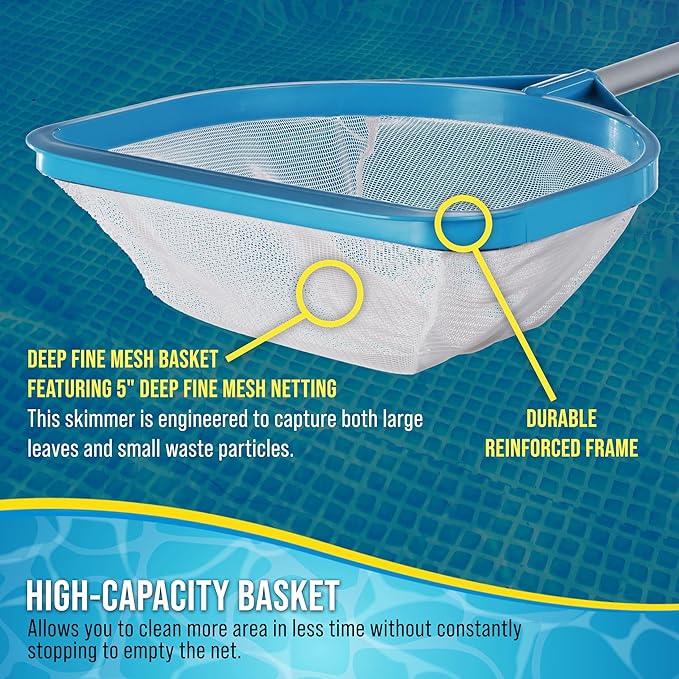 U.S. Pool Supply Pool and Spa Skimmer Net with Pole, Handheld Fine Mesh Pool Leaf Skimmer Net - Hand Held Spa, Hot Tub, Pond Cleaning - Step-Up 32" to 5 Feet Long, 5" Deep Netting, Scoop Skim Leaves