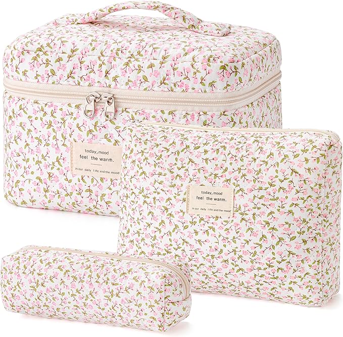 HBselect Quilted Makeup Bag, 3PCS Cotton Large Travel Makeup Bag, Cute Floral Coquette Make up Bag Cosmetic Bag Toiletry Bag for Women Girls