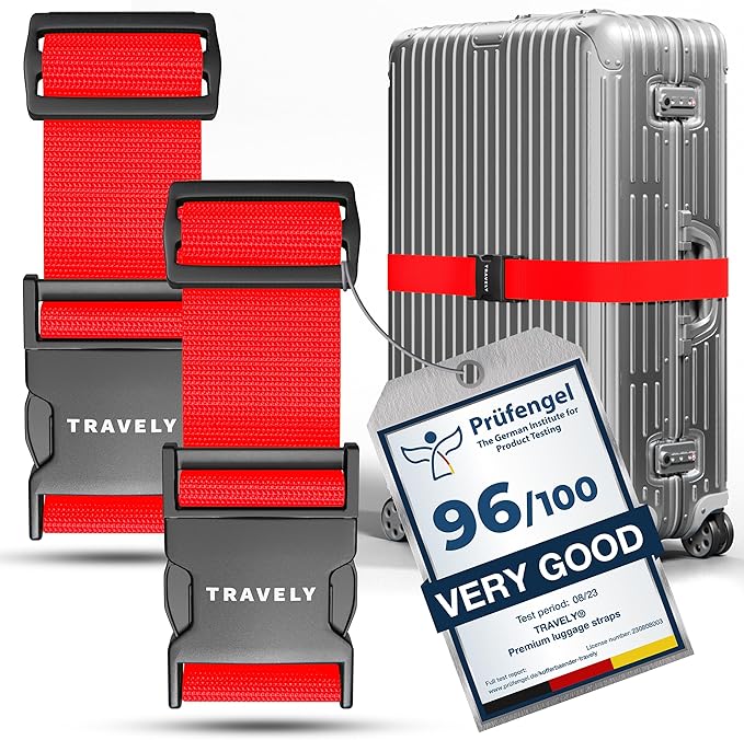 TRAVELY Luggage Straps - Particularly conspicuous & Secure - Incl. 2 Name Tags - Luggage Strap Ideal crosswise - [Set of 2]