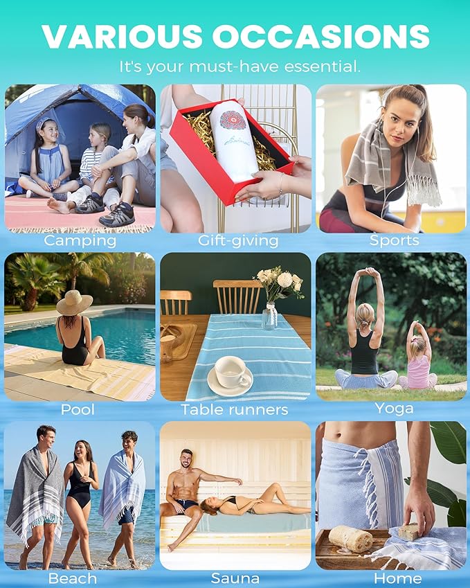 Antfuny Turkish Beach Towels Vacation Essentials Quick Dry Sand Free Soft Absorbent Adult Oversized Bath Pool Swim Long Wide Stripe Towel Sound Cloud Linen Mat Summer Thing Lightweight Thin Blue