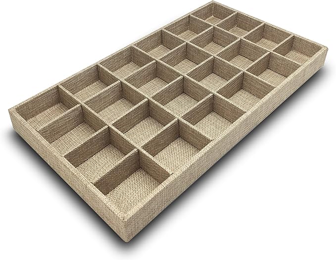 The Display Guys - Stackable Jewelry Tray and Organizer - for Drawers, Dressers, Store Display (24 Compartments, Beige Burlap)