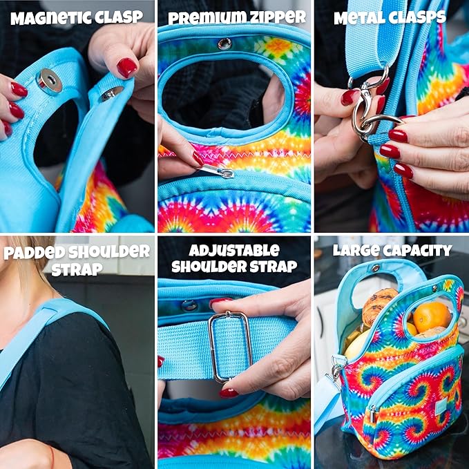 Made Easy Kit Large Insulated Lunch Tote Bag – Stylish Neoprene Carrier, Foil Lining, Front Zipper Pocket & Shoulder Strap – Machine Washable, Lightweight, Travel Ready (Tie Dye)