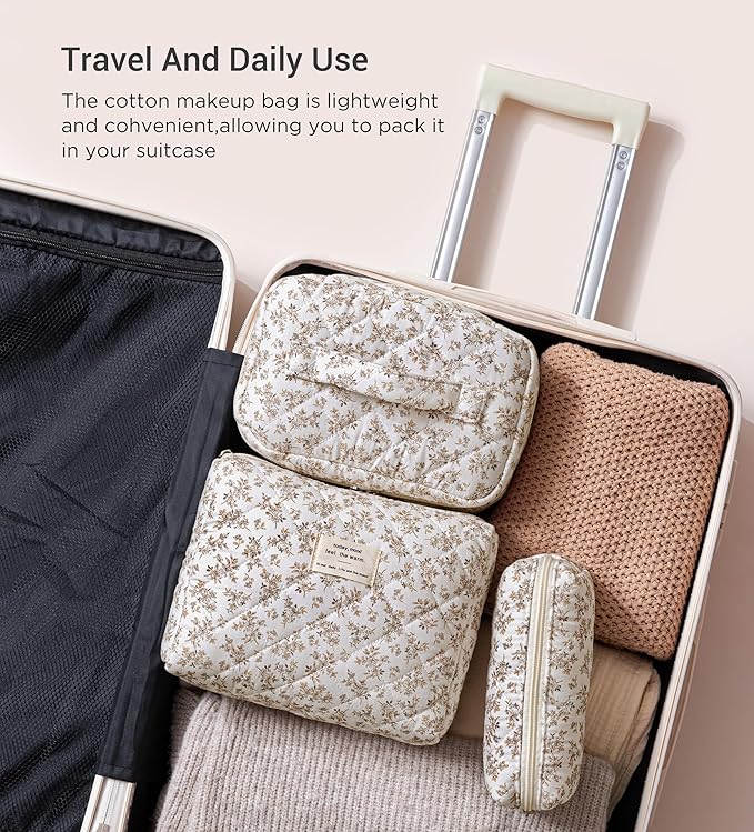 HBselect Quilted Makeup Bag, 3PCS Cotton Large Travel Makeup Bag, Cute Floral Coquette Make up Bag Cosmetic Bag Toiletry Bag for Women Girls