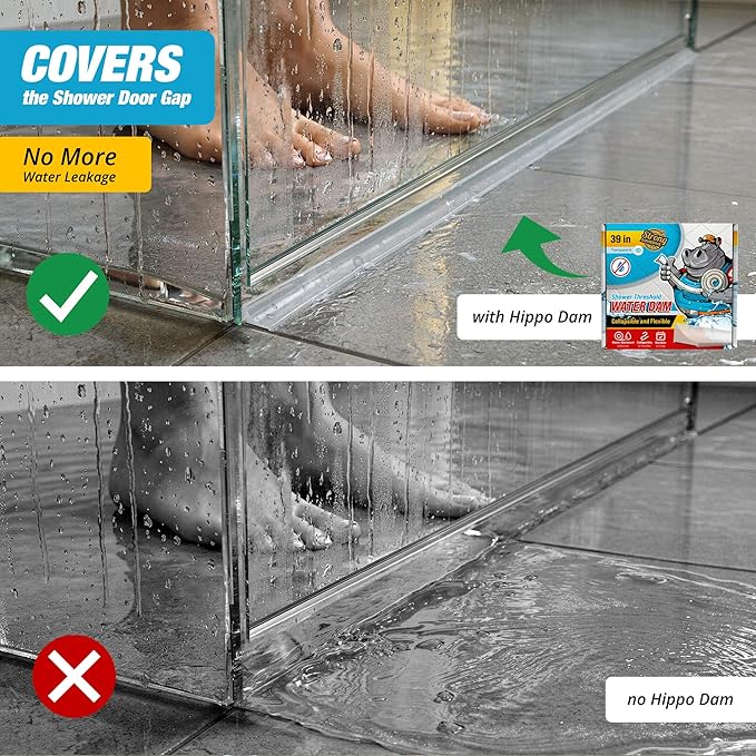 Shower Threshold Water Dam Barrier 39" - Transparent Collapsible Walk in Shower Water Guard - Door Bottom Seal Strip Leak Guard by Hippo Dam