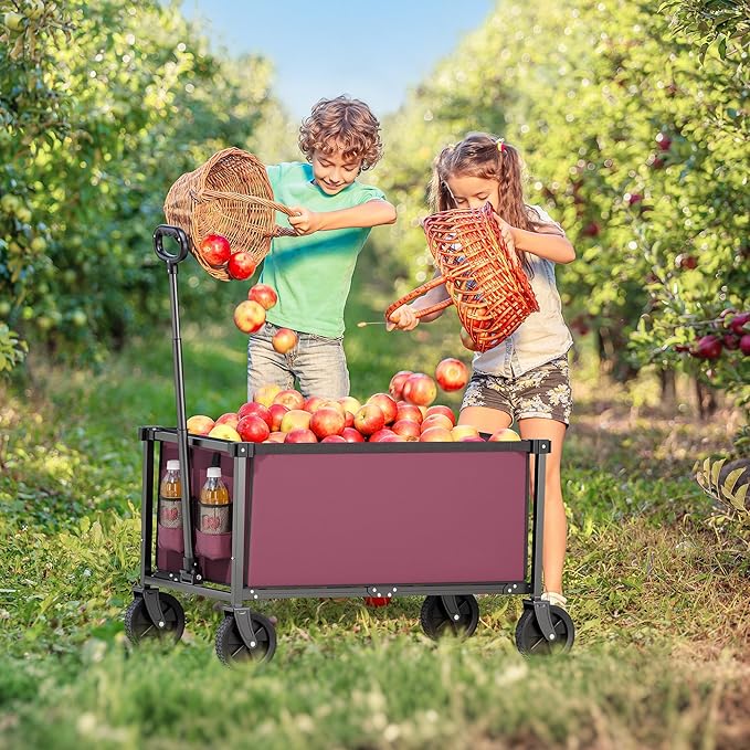 29.3" Collapsible Wagon Cart, 150L Heavy Duty Folding Utility Wagon with Wheels, 260 lbs Load, Portable Rolling Cart for Garden, Shopping, Sports, Camping, WineRed