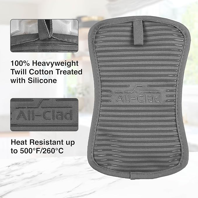 All-Clad Premium Pot Holder & Heating Pad, (2-Pack) Heat Resistant to 500 Degrees, 100% Cotton 10"x6.25" for Kitchen and Barbecue, Pewter