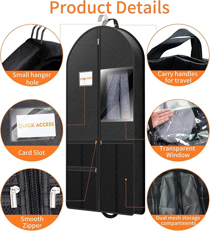 Garment Bag Travel Hanging Clothes: 54 Inch 2 Packs Fabric Breathable Foldable Zippered Pockets - Closet Storage Cover Packable - Men's Suit Shirts Uniform Jacket Jersey Tuxedo