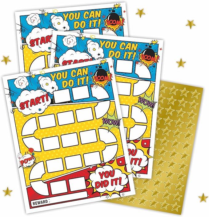 10 Reward Chart with 206 Golden Star Stickers-Comic Theme-Incentive Chart,Positive Behavior Reward Chart for Kids,Toddler Homework Assignments, Attendance(8"X10")-A02