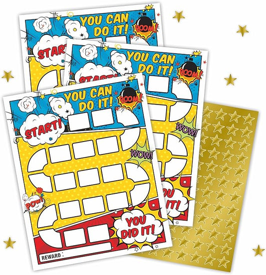 10 Reward Chart with 206 Golden Star Stickers-Comic Theme-Incentive Chart,Positive Behavior Reward Chart for Kids,Toddler Homework Assignments, Attendance(8"X10")-A02