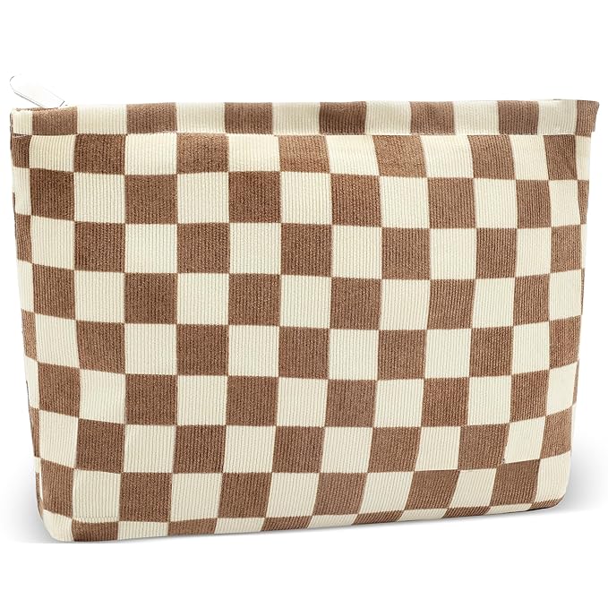 ZLFSRQ Checkered Makeup Bag for Women Large Capacity Brown Travel Cosmetic Bag Set Makeup Pouch for Purse Zipper Toiletry Organizer Cute Y2K Aesthetic Trendy Adults Zipper Skincare Storage Organizer