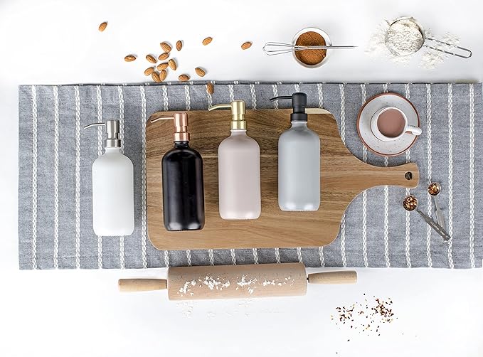 Emerson Essentials Thick Glass Soap Bottle Dispensers, 2 Pack, Non Rust Stainless Steel Pumps Hand Set for Bathroom Kitchen Sink, Shampoo Lotion Liquid Jars, 16 Oz, with 4 Waterproof Labels – White