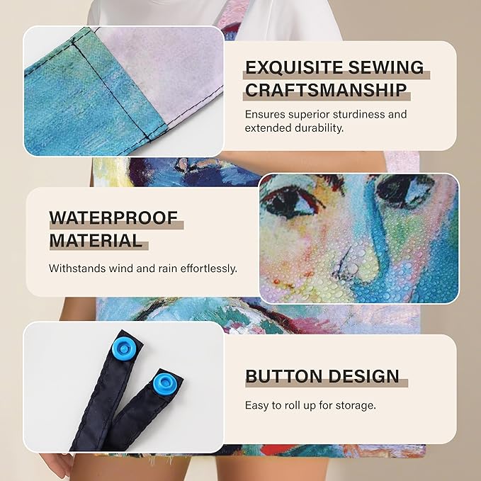 Reusable Grocery Bags, Oil Painting Art Tote Bags With Carry Pouch Waterproof Shopping Bags for Travel Daily Use