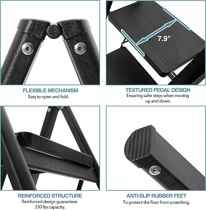 BOCOM 4 Step Ladder, Lightweight Portable Foldable Collapsible Folding Sturdy Iron Metal Step Stool with Anti-Slip Wide Pedal, Heavy Duty 330 lbs Capacity, for Home, Kitchen, Closet, Adults, Black
