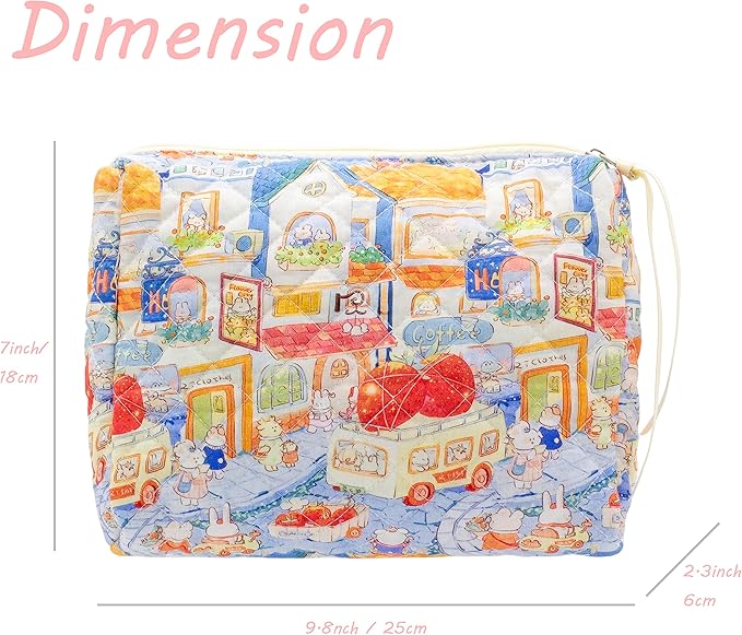 PAZIMIIK Quilted Makeup Bag Large Travel Zipper Soft Cosmetic Pouch for Women Girls Make Up, Little Bunny