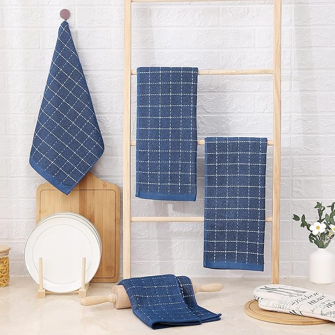 Homaxy 100% Cotton Terry Kitchen Towels(Navy Blue, 13 x 28 inches), Checkered Designed, Soft and Super Absorbent Dish Towels, 18 Pack