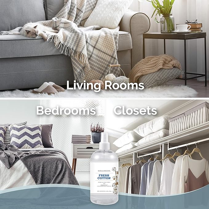 SMELLS BEGONE Air Freshener Home and Linen Spray - Odor Eliminator - Made with Essential Oils - Fresh Cotton Scent - 2 Pack - 16 Ounce