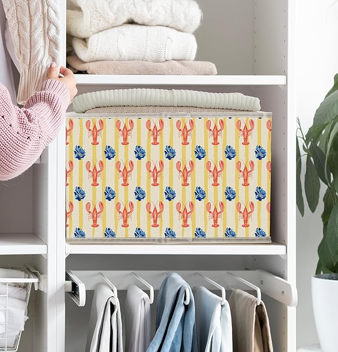 Coastal Beach Lobster Storage Bins Box with Handles, Preppy Seaside Lobster and Shellfish Ocean Collapsible Fabric Storage Basket Box Organizer for Bedroom Bathroom Clothes Toys Books