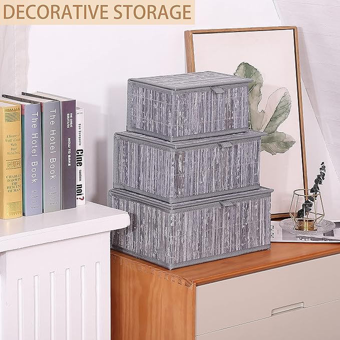 Honygebia Bamboo Decorative Storage Boxes - Set of 3 Woven Lined Storage Basket with Lids, Grey Marble Wicker Lidded Baskets for Home Kitchen Shelf Organizer Decor
