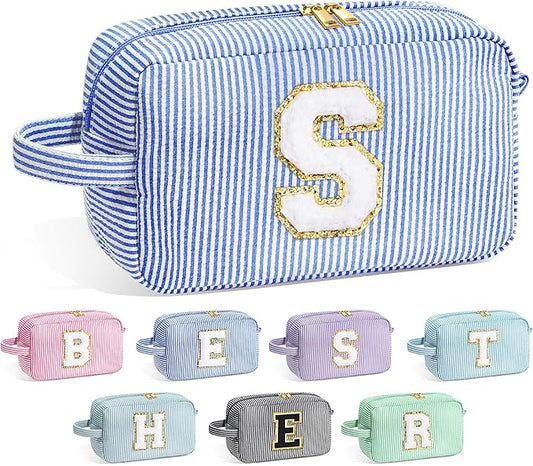YOOLIFE Birthday Gifts for Women - Personalized Gifts Idea for Her Mom Best Friend Sister Girlfriend Bridesmaid Teacher, Monogram Initial Blue Cute Makeup Bag Cosmetic Toiletry Pouch Make Up Case S