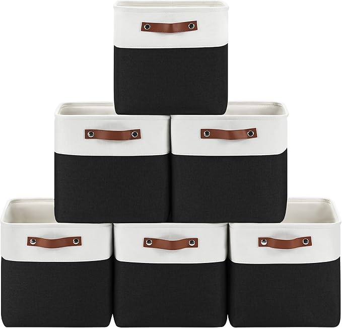 Patvingot 6-Pack Foldable Fabric Storage Cubes 11x11 Inch, Sturdy Cube Organizer Bins with Leather Handles, Storage Baskets for Closet Shelves and Home Organization(White/Black)