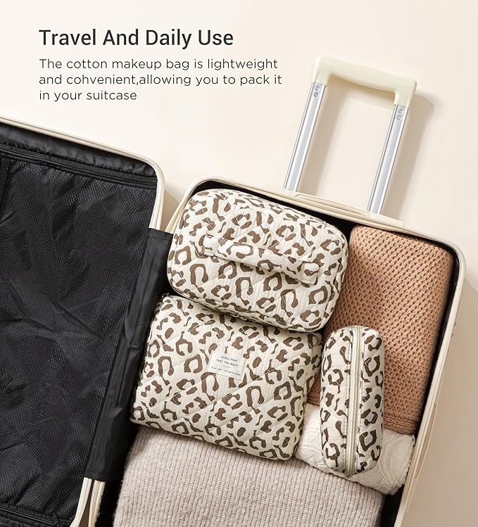 HBselect Quilted Makeup Bag, 3PCS Cotton Large Travel Makeup Bag, Cute Floral Coquette Make up Bag Cosmetic Bag Toiletry Bag for Women Girls