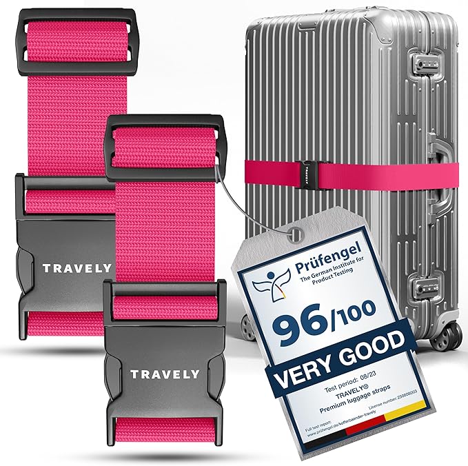 TRAVELY Luggage Straps - Particularly conspicuous & Secure - Incl. 2 Name Tags - Luggage Strap Ideal crosswise - [Set of 2]