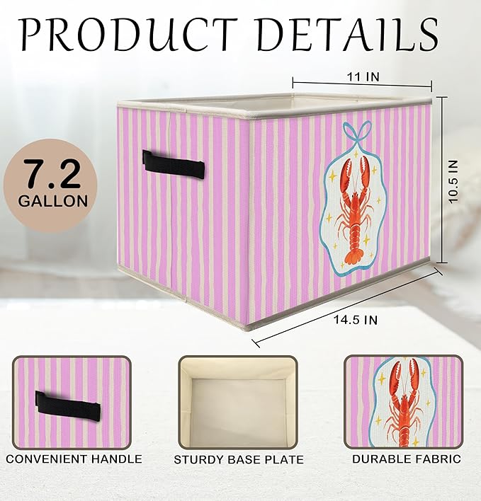 Coastal Beach Lobster Storage Bins Box with Handles, Preppy Blue Bow Ocean Lobster Collapsible Fabric Storage Basket Box Organizer for Bedroom Bathroom Clothes Toys Books