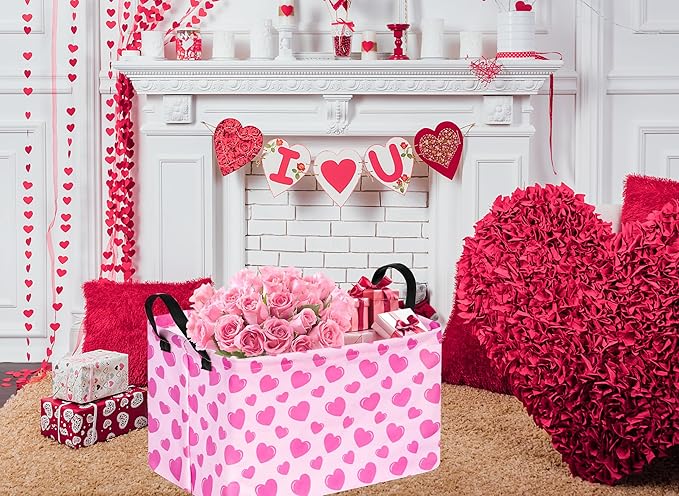 Rec Heart Print Box Hamper Storage Basket Collapsible Organizer Bin Gift Shelf Baskets for Home and Kitchen Storage