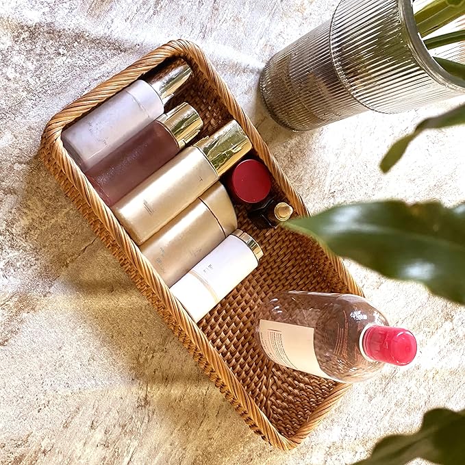 i-lan 14-Inch Rattan Bathroom Tray Organizer – Long Narrow Wicker Basket for Toilet Tank, Hand Towel Storage & Countertop, Boho Serving Tray for Bread, Vanity or Home Decor