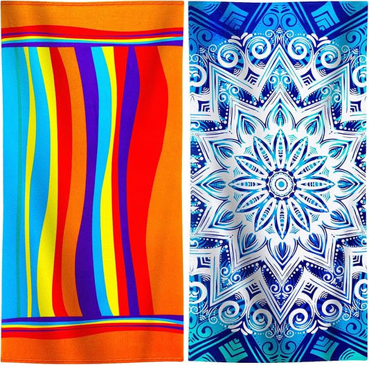 2 Packs Oversized Beach Towel Set Extra Large Big XL Pool Camping Swim Clearance Towels 36x72 Soft Blanket Cruise Essentials Accessories Must Haves Vacation Necessities Adult Blue Flower Stripe
