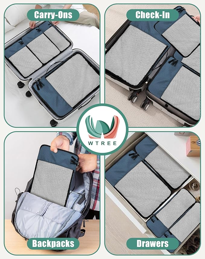 4-Piece Packing Cubes Travel Accessories Set for Suitcases - Luggage Organizer Bags with Double Zipper - Mesh Top - Small/Medium/Large/Slim - Dark Blue