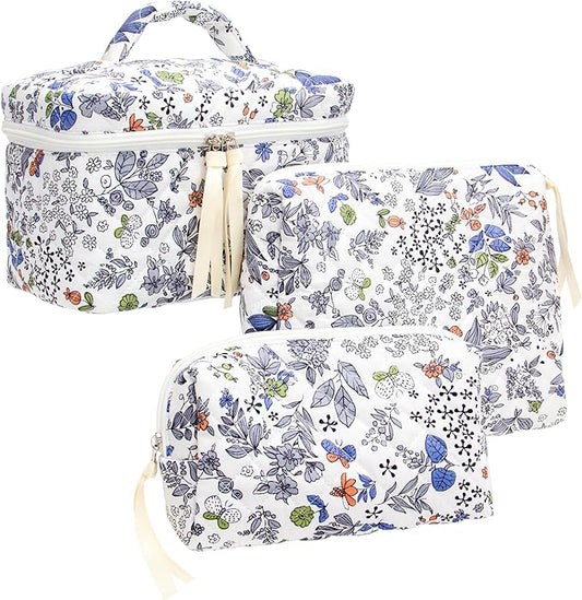 PAZIMIIK 3-Piece Makeup Bag SET Large Travel Quilted Zipper Soft Cosmetic Case Pouch for Women Girls Makeup, Leaf White