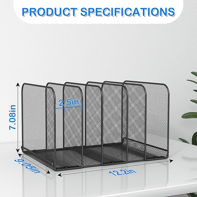 5 Sections Desk File Holder/Rack/Sorter,Mesh File Organizer,File Folder Organizer,Metal Upright Desktop Organization for Documents,Magazine,Kitchenware,Antiskid,Antirust,Sturdy,1 Pack
