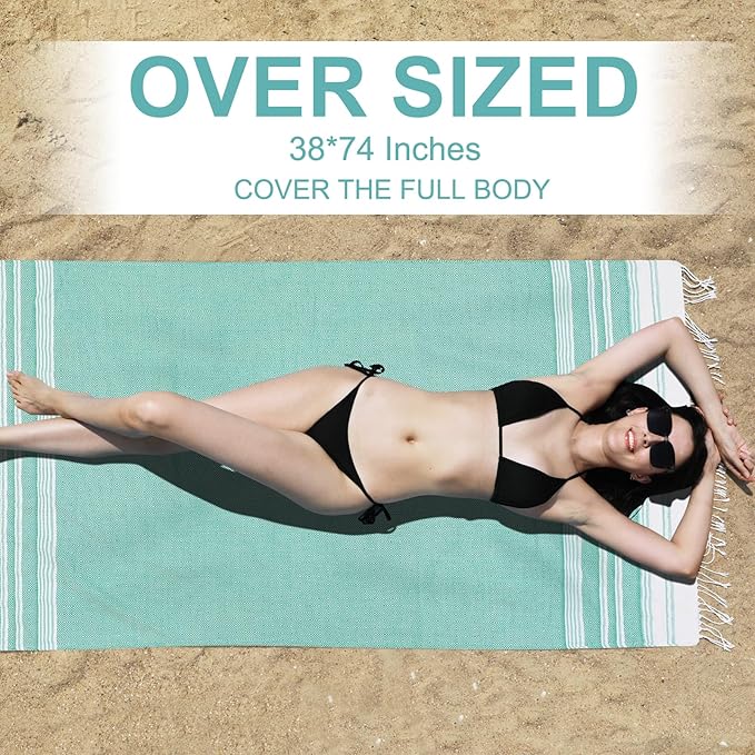 Genovega Oversized Cotton Turkish Beach Bath Towel Set 74"x38" Extra Large Sand Free Quick Dry Swim Camping Pool Clearance Towels Travel Blanket Adult Essentials Stripe Greens