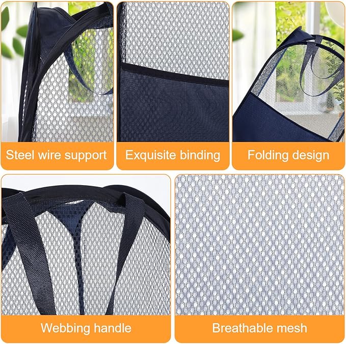 9Pcs Mesh Hamper Pop up Hampers for Laundry Foldable Laundry Basket with Sturdy Handles (Black/White/Blue) Dirty Clothes Baskets for Bedroom College Dorm Travel Storage