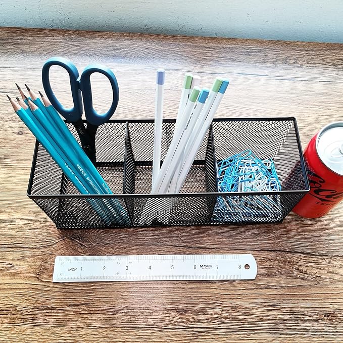 2-Pack Metal Mesh Pencil Holder, Spacious 3-Compartment Desk Organizer for Pens, Makeup Brushes, Utensils, Desktop Storage for Home, Office, School, Kitchen, 10.43x3.35x4.04 Inch, Black
