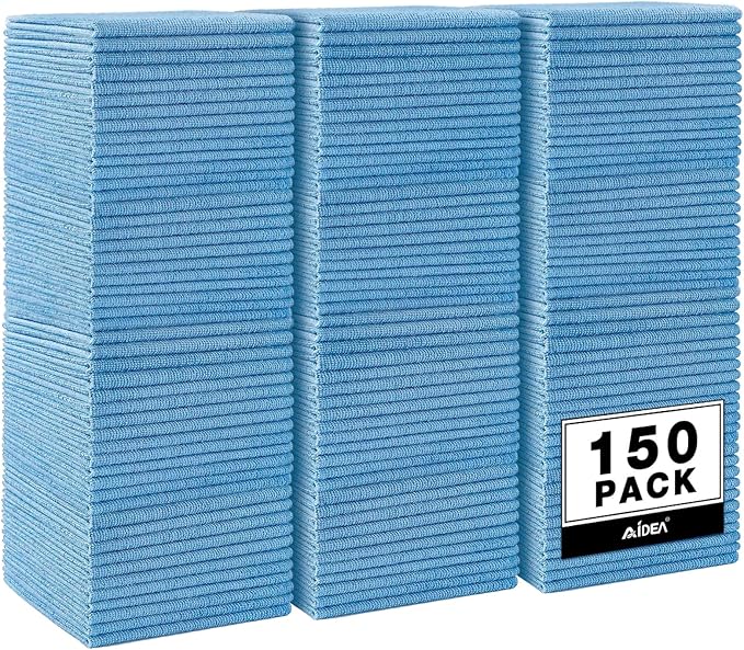 AIDEA Microfiber Cleaning Cloth Blue, 150PK, Shop Rags, Microfiber Towels for Cars, Dusting Cloth Lint Free Rags, Absorbent Towels for SUVs, House, Kitchen, Mechanic, Workshops, 12"×12"